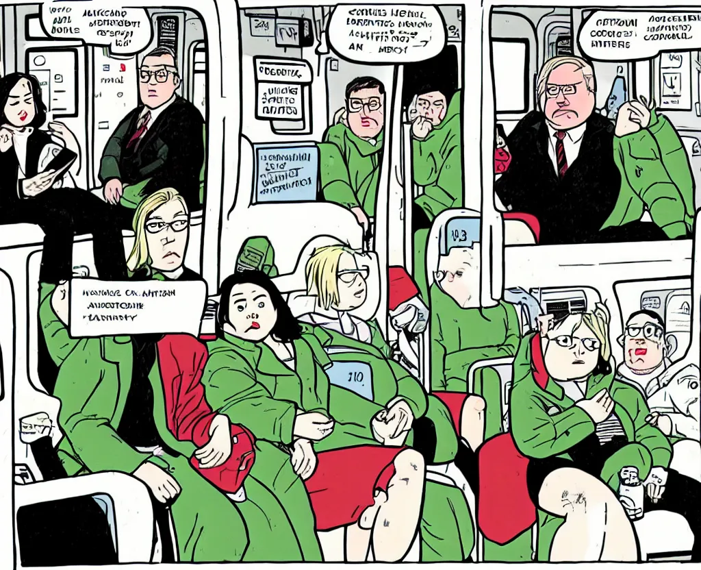 Image similar to comic panel drawn in the style of Daniel Clowes and Adrian Tomine and Gabrielle Bell, of a sad woman in a parka who looks like Aubrey Plaza, sitting near a slightly overweight friendly middle-aged German businessman in a suit, with short blond hair and mustache, in a mostly empty Chicago subway train, full-figure ¾ angle