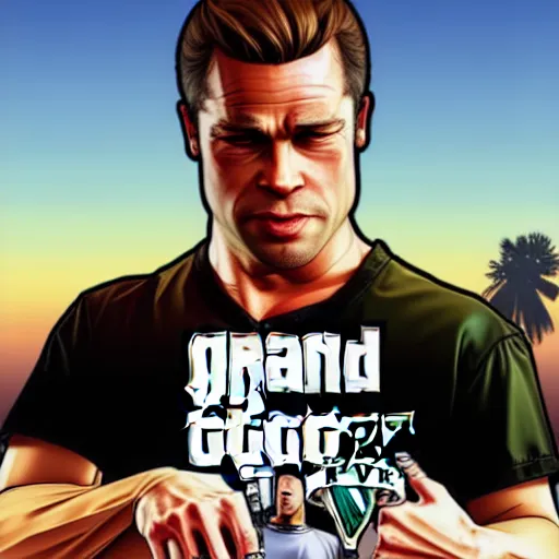 Prompt: gta 5, grand theft auto 5 cover art portrait of brad pitt art style stephen bliss