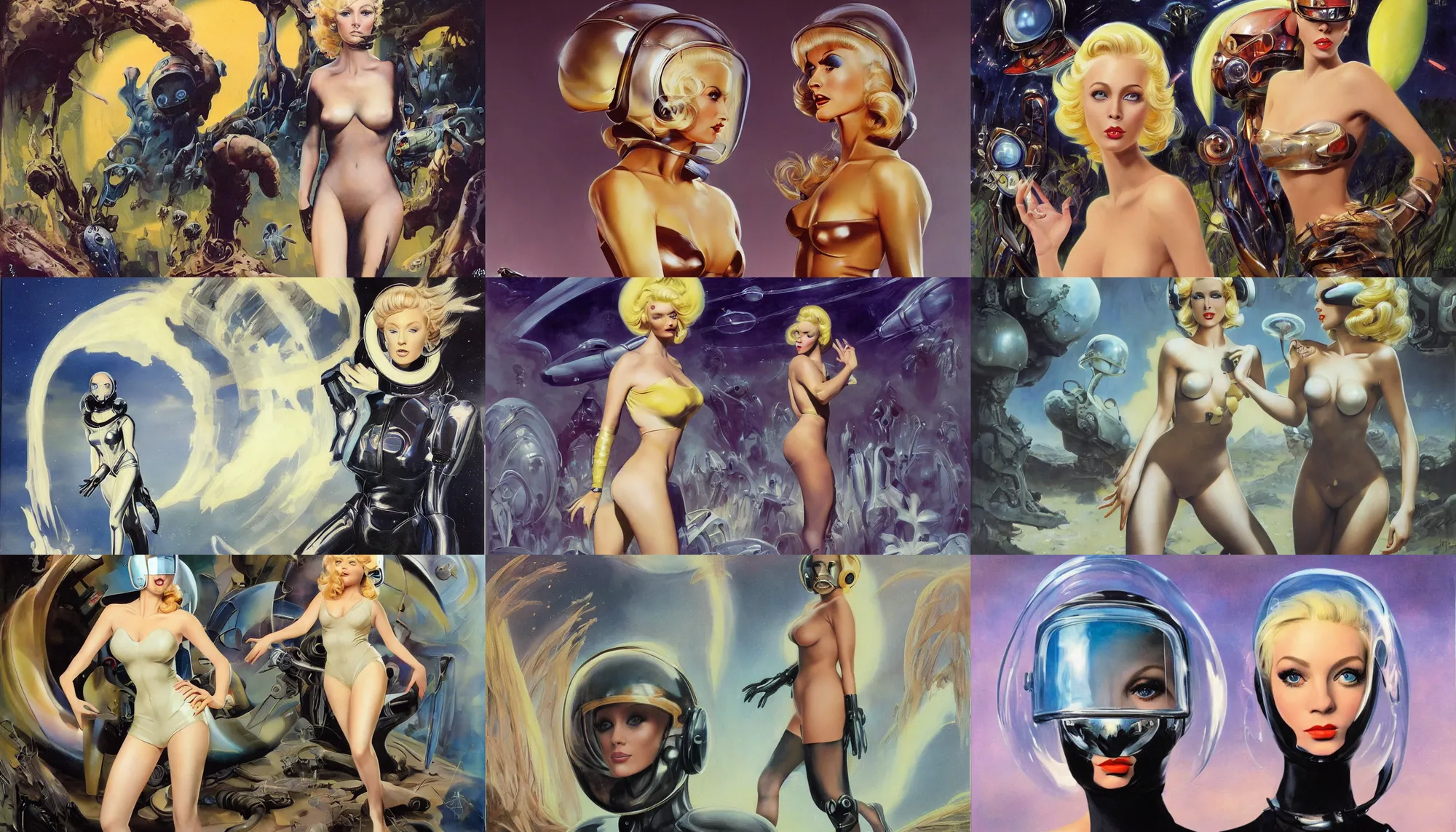 Prompt: A mixed media painting of one very beautiful blonde woman walking through an alien environment, elegant, aesthetic!!! symmetrical face and eyes, piercing gaze, eighties pinup style, photorealistic, curvy, model, 60's cartoon-glass-helmet, epic sci-fi character art, full length, by Frank Frazetta, Donato Giancola, Boris Vallejo, Beeple, Greg Rutkowski, Christian MacNevin, high fantasy, prometheus, CGsociety, exquisite detail, post-processing, masterpiece, cinematic