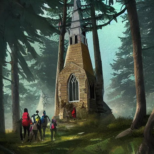 Image similar to a group of hikers stumble across a church steeple buried in the ground. artstation, illustration, concept art, forest, mountains