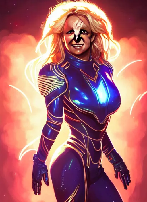 Image similar to britney spears as nova corps, intricate, elegant, glowing lights, highly detailed, digital painting, artstation, glamor pose, concept art, smooth, sharp focus, illustration, art by artgerm and greg rutkowski, artey freytag