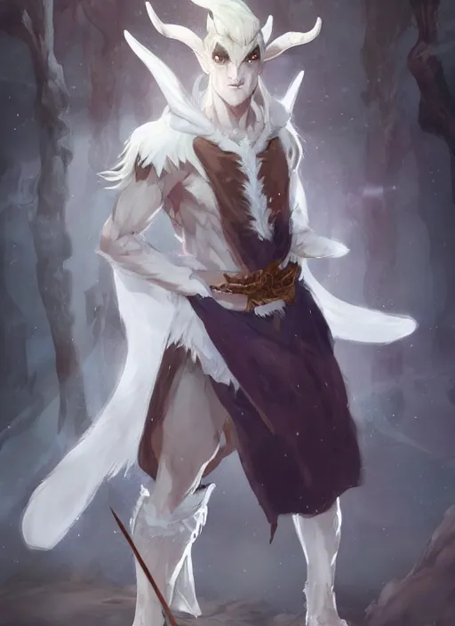 Prompt: concept art painting of a hybrid goat person with brown skin and short white hair, demon horns, elf ears, blue tunic and robes, detailed, d & d style, cel shaded, in the style of ruan jia and artgerm and makoto shinkai and james gurney