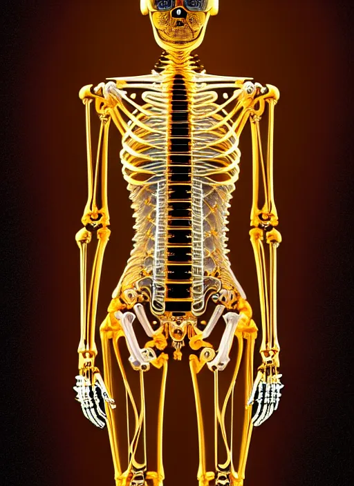 Image similar to full body rendering of a futuristic female golden mechanical skeleton with human face, wires, glowing internal light, hyperdetailed illustration by alex grey, intricate linework, faberge, intricate gold linework, dark atmosphere, unreal engine 5 highly rendered, global illumination, radiant light, detailed and intricate environment