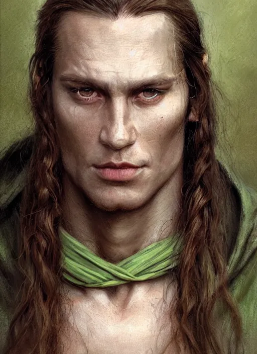 Image similar to a shaman in his twenties with long light brown hair tied back, light green eyes, a large forehead, a widows peak and a round face with high cheekbones and full lips as a realistic d & d fantasy character, portrait art by donato giancola and greg rutkowski, vintage retro, realistic face, digital art, trending on artstation