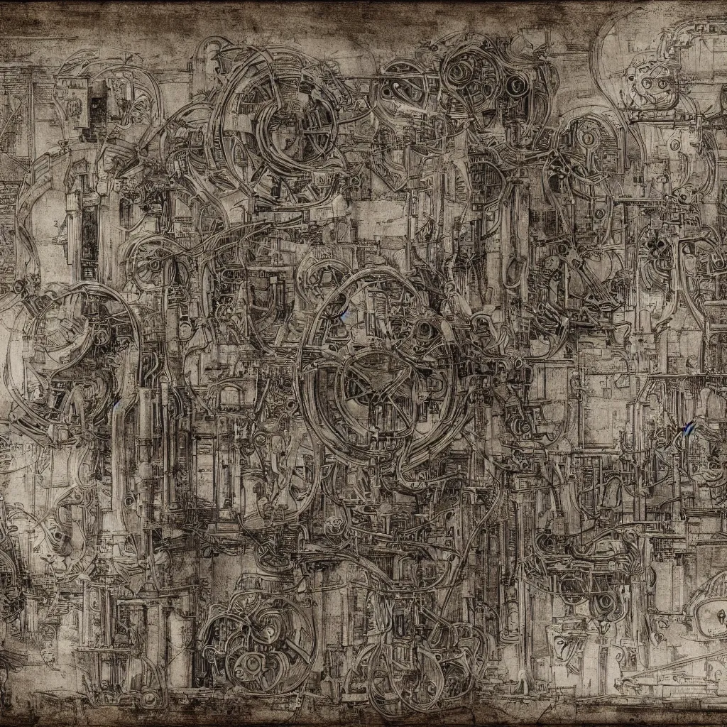 Prompt: davinci schematic of an intricate machine that turns water into wine, 8 k