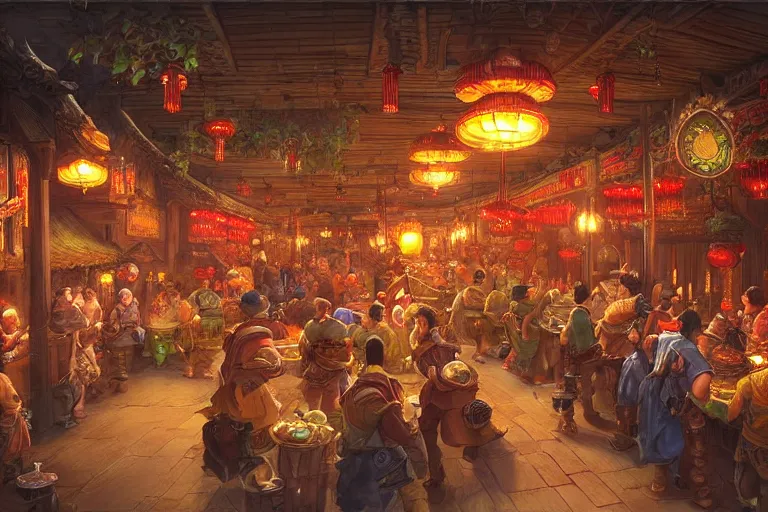 Image similar to fantasy art of a bustling tavern in china, at night, by justin gerard, highly detailed digital art, trending on artstation
