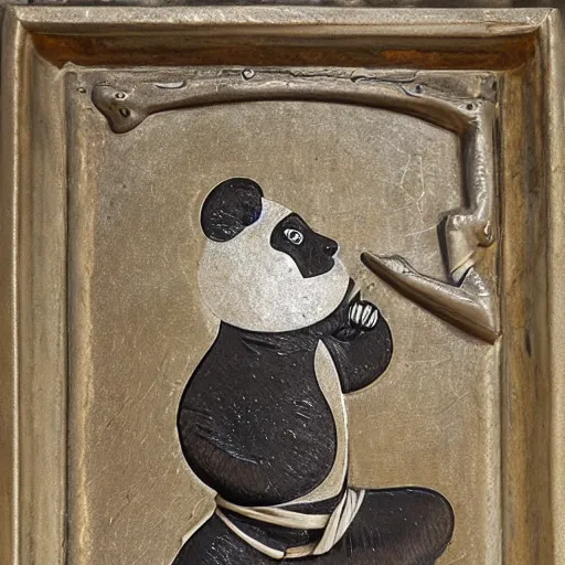 Image similar to Metalwork of a Panda practing karate, medieval art, fragmented metal medieval sculpture of a penguim