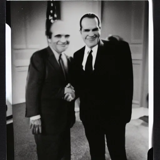 Prompt: a polaroid photograph of Richard Nixon shaking hands with a Grey alien