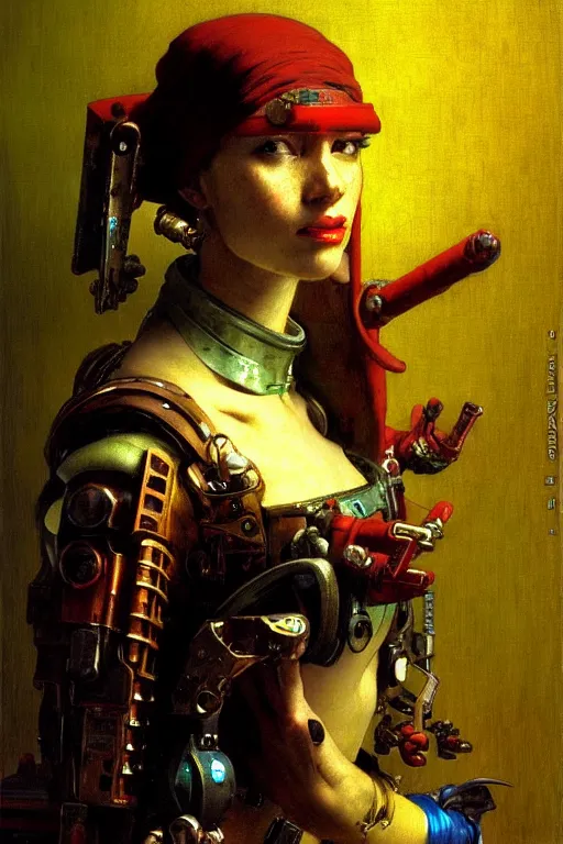 Image similar to full character portrait max mad cyberpunk warhammer 4 0 k, tech priest not the girl with the pearl earring character design, painting by gaston bussiere, katsuya terada, wyeth, craig mullins, hiroshi yoshida, ( ( ( ( ( vermeer ) ) ) ) ), frank frazetta, mucha, tom of finland, trending on artstation