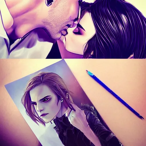 Image similar to emma watson kissing nightwing, realistic, intricate, elegant, art by artgerm and wlop