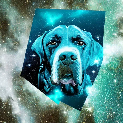 Image similar to a photograph of a huge dog in space made of turquoise colored crystals