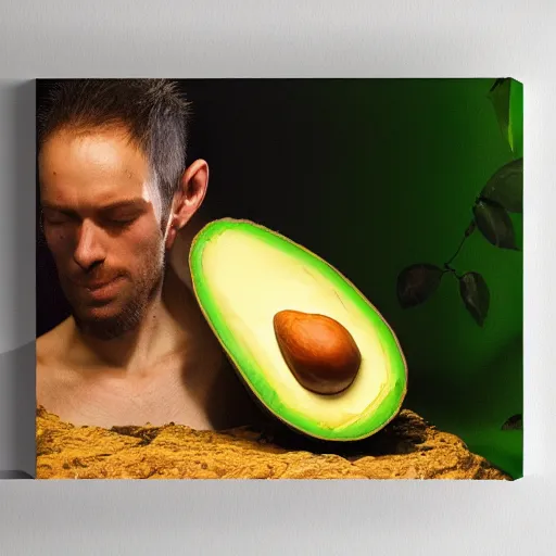 Image similar to man in a cave eating an avocado, ultrarealistic, photorealism, golden ratio, art canvas, award winning, masterpiece, trending on artstation 8 k 1 5 0 mpx