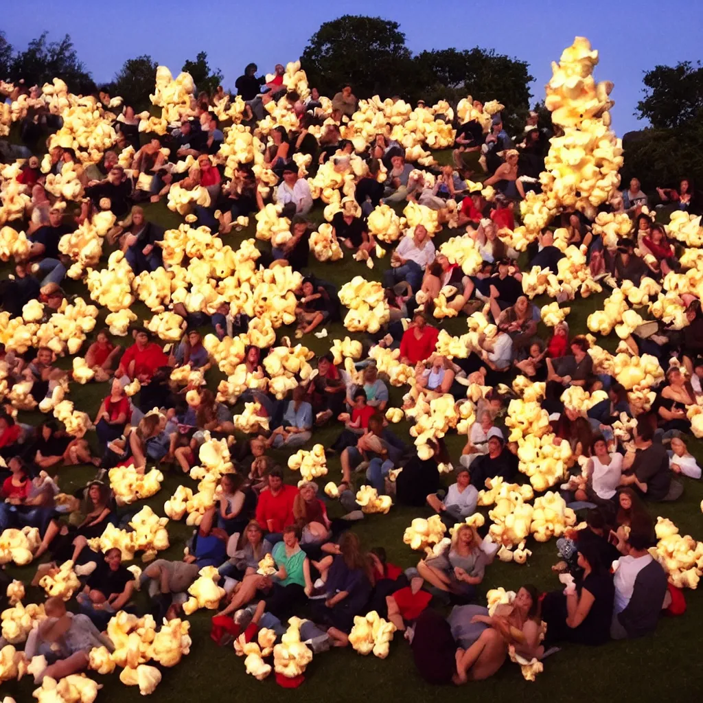 Image similar to outdoor cinema with giant popcorn kernels at night