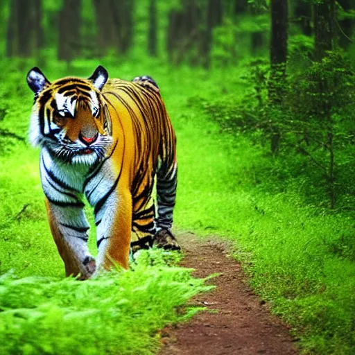Image similar to a tiger walking through a forest, ultra wide angle, wet very green congo forest, beautiful, hd, intricate detail, majestic, volumetric lighting, ultra realistic, 4 k
