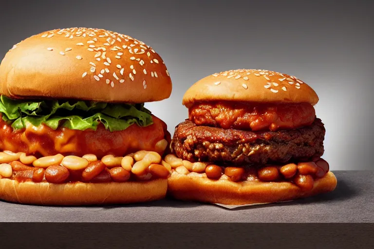 Prompt: mcdonalds baked beans burger, ( ( ( ( patty ) ) ) ), commercial photograph