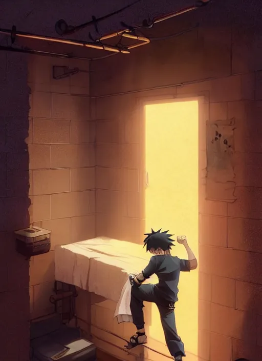 Image similar to highly detailed prison cell with naruto uzumaki with black hair, bars in window, powerfully hitting a wall, art by greg rutkowski, loish, rhads, ferdinand knab, makoto shinkai and lois van baarle, ilya kuvshinov, rossdraws, tom bagshaw, global illumination, radiant light, detailed and intricate environment