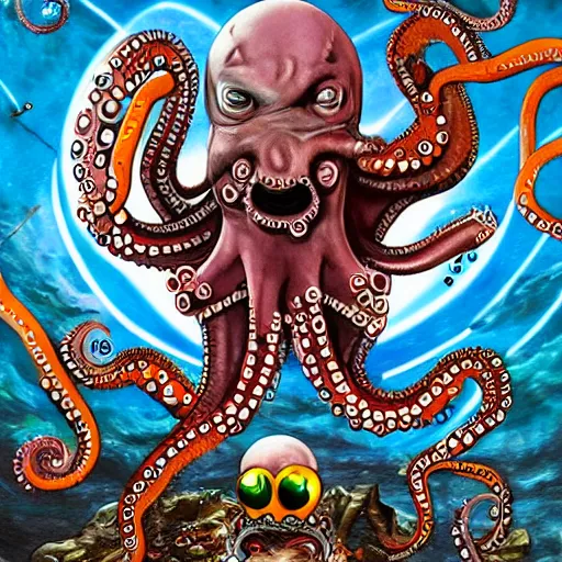 Image similar to steve harvey cyborg octopus, conquering earth, epic battle scene, 8 k, mystical fantasy painting