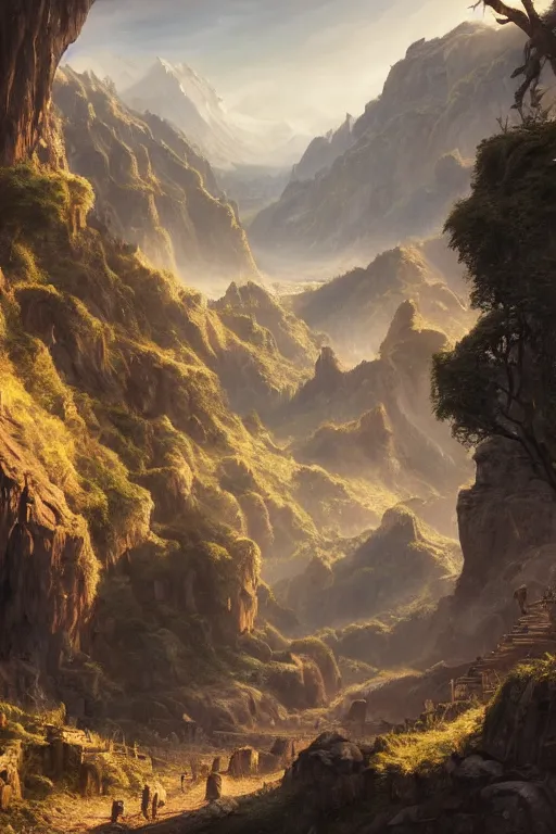 Image similar to the lost valley, landscape, alex ross, eddie mendoza, raphael lacoste, sebastian ludke, concept art, matte painting, highly detailed, rule of thirds, dynamic lighting, cinematic, detailed, magnificiant landscape, denoised, centerd