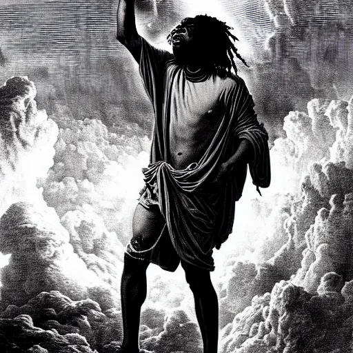 Image similar to chief keef ascending into heaven holding cup of lean and blunt, biblical image, style of gustave dore, highly detailed, beautiful, high contrast, black and white