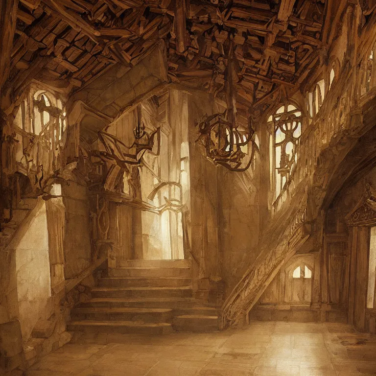 Image similar to a detailed painting of a medieval hall with wooden walls, there is a big marble statue in the middle of the hall, staircase to the second floor. fantasy poster. lord of the rings style. cinematic fantasy scene. fantasy. carl spitzweg. renaissance elements. renaissance element. oil painting. award winning. trending on artstation. 8 k