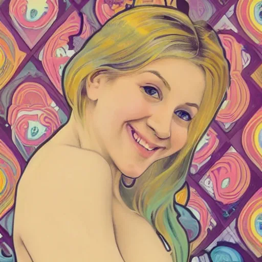 Image similar to portrait of a blonde, happy, laughing, beautiful, danish scrum master. she is looking a you with loving, calm eyes. the background is colorful and inspired by alphonse mucha