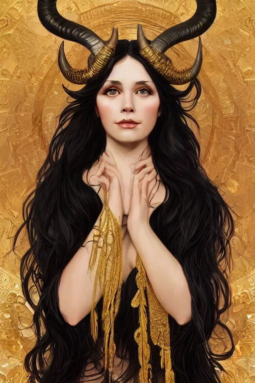 Image similar to fullbody!! of a beautiful woman with long black hair, big natural ram horns on her head, flowing dress, gold jewellery, dnd, face, fantasy, intricate, elegant, highly detailed, digital painting, artstation, concept art, smooth, sharp focus, illustration, art by artgerm and greg rutkowski and alphonse mucha