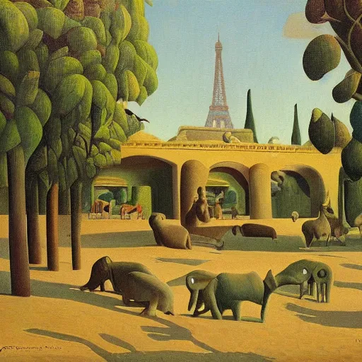 Prompt: the paris zoo, oil painting by grant wood, masterpiece, oil painting, incredible detail and lighting, impeccable composition