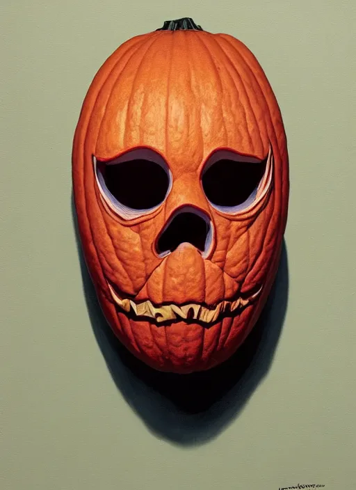 Image similar to Portrait of Pumpkin mask from Halloween III (1982), detailed, coherent, painted by Edward Hopper, Wayne Barlowe, James Gilleard, airbrush, art by James Jean