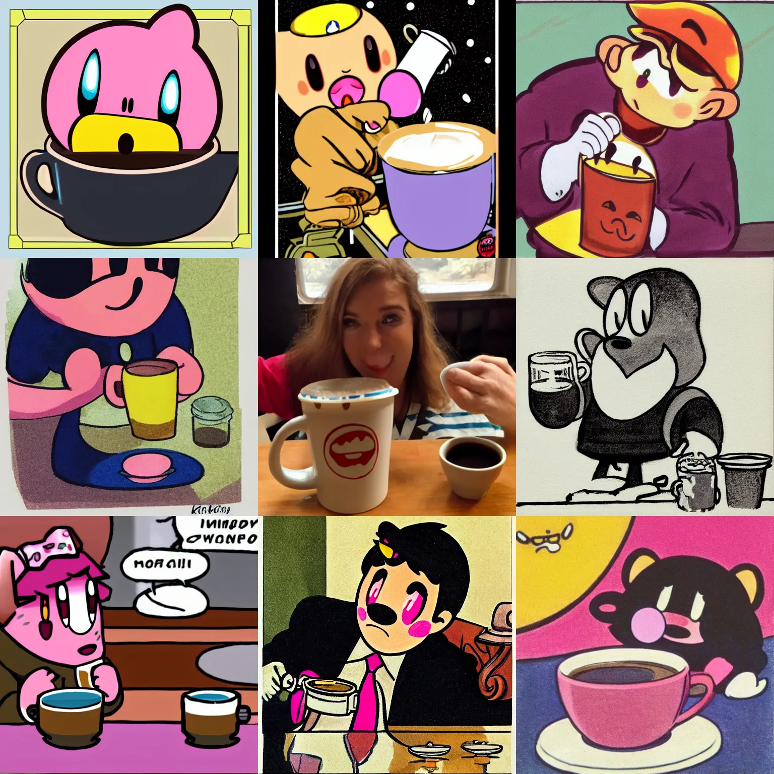 Prompt: kirby drinking coffee