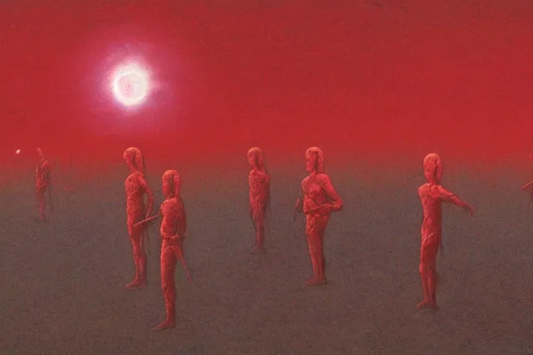 Prompt: band of warrior activate behelit in the middle of eclipse, human sacrifice ,dark sky, red cloud, sea of blood, beksinski