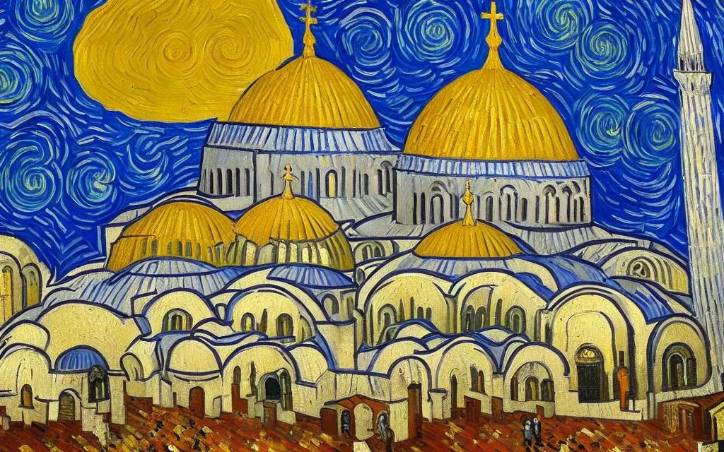 Image similar to detailed expressionist oil painting by van gogh of the hagia sophia church of constantinople, beautiful byzantine architecture, landscape painting, expressionism, 8 k resolution, smooth, sharp focus, matte painting, dramatic lighting, small bushstrokes