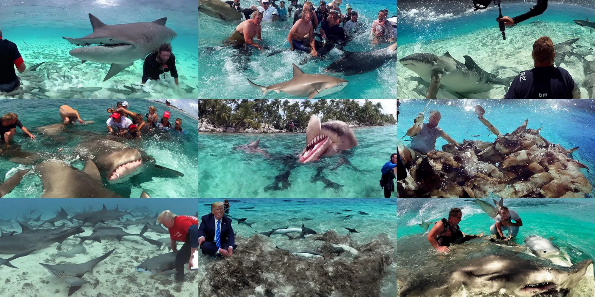 Prompt: trump castaway surrounded by sharks gopro footage