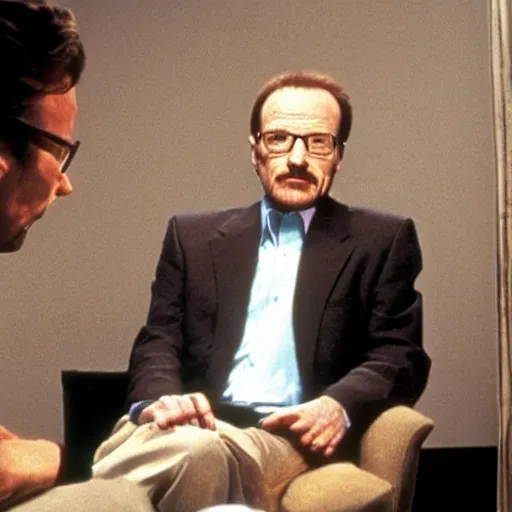 Prompt: Walter White being interviewed by Larry King. 1983.