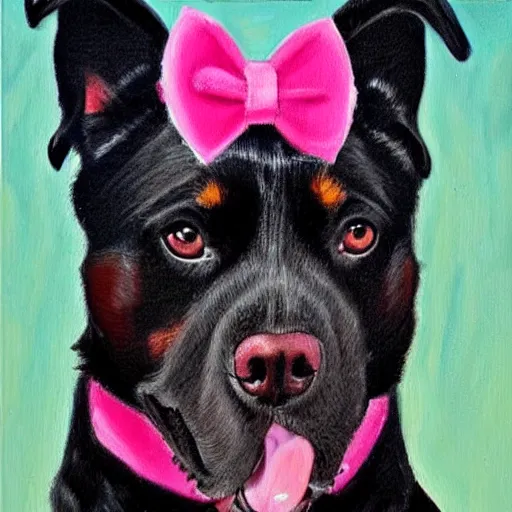 Prompt: a painting of a rottweiler with a pink hair bow, tongue sticking out