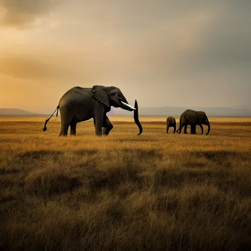 Image similar to an elephant herd in a vast plain, cinematic lighting, national geographic photography, masterpiece, wide angle, canon eos r 3, f / 1. 4, iso 2 0 0, 1 / 1 6 0 s, 8 k, raw, unedited, symmetrical balance