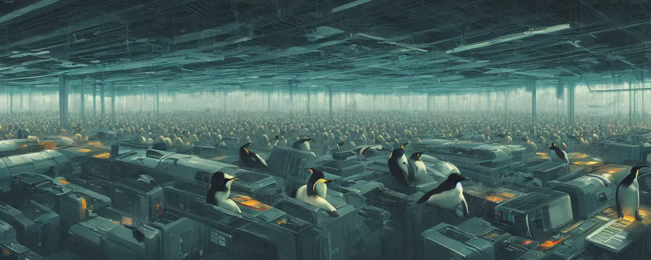 Image similar to duotone concept illustration of emperor penguins in scifi room full of computers. cinematic scene. volumetric lighting. golden ratio accidental renaissance. by sachin teng and sergey kolesov and ruan jia and heng z. graffiti art, scifi, fantasy, hyper detailed. octane render. concept art. trending on artstation