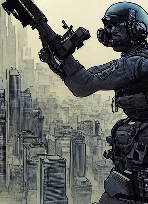 Prompt: Dinah. USN special forces operator looking at city skyline. Futuristic stealth suit. mgs and rb6s Concept art by James Gurney, Alphonso Mucha, matt rhodes, and Sam Hogg.