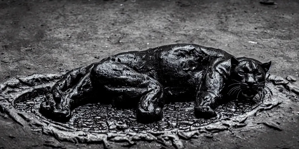 Prompt: a panther, made of ferrofluid, bathing inside the tar pit, full of goo, covered with ferrofluid. dslr, photography, realism, animal photography, color, savanna, wildlife photography