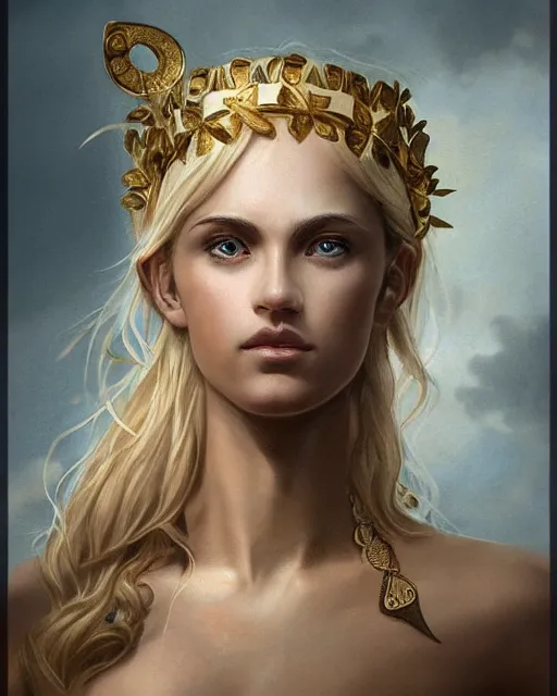 Image similar to front view of beautiful aphrodite greek goddess wearing a gold laurel wreath and triangle earrings, realism tattoo sketch, beautiful piercing eyes with sharp pupils, beautiful blonde hair, in the style of greg rutkowski, fantasy, amazing detail, epic, elegant, smooth, sharp focus