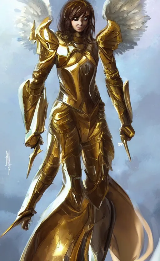 Prompt: Concept art, angel knight girl in golden and cooper armor, artstation trending, highly detailded