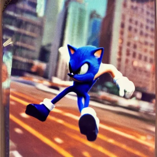 Image similar to polaroid image of sonic the hedgehog skating in new york city