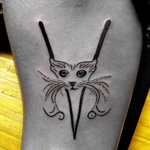 Prompt: tattoo design, stencil, a cat jumping in the air with a sword