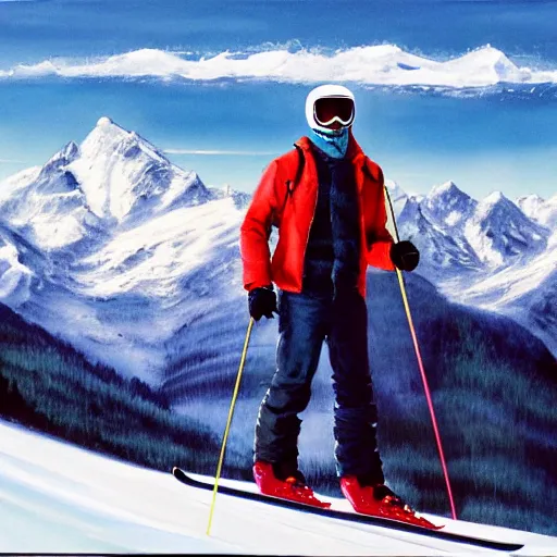 Prompt: Richard Bruce Cheney, skiing, Richard Bruce Cheney wearing acid-washed blue jeans, powder day, epic mountain background, painting