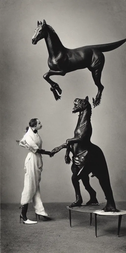 Prompt: t rex and a horse wearing high heels, anamorphic, strange, black and white, photograph, 1850s