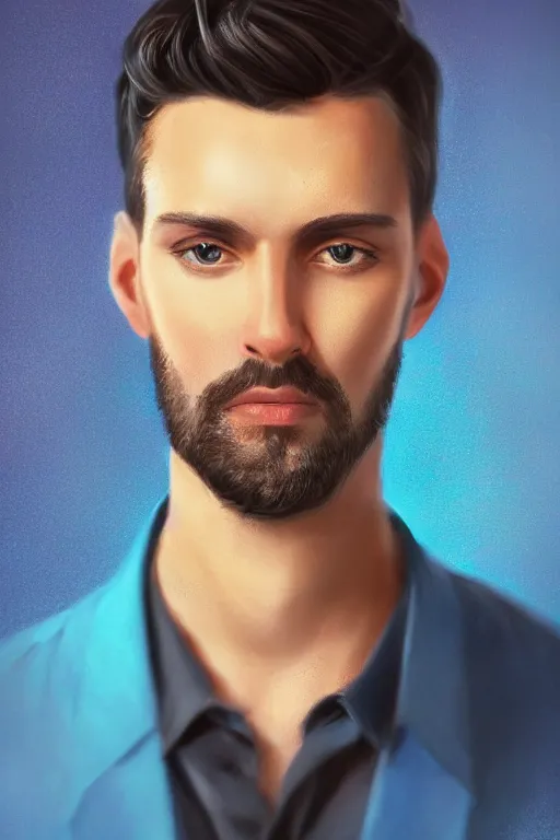 Image similar to portrait of a handsome man with black hair with sparkling blue eyes, art by Tomasz Ryger, Pablo Dobarro and Max Kostin, stylized, detailed, pastel colors, warm tones, Trending on artstation, artstationHD, artstationHQ, 4k, 8k