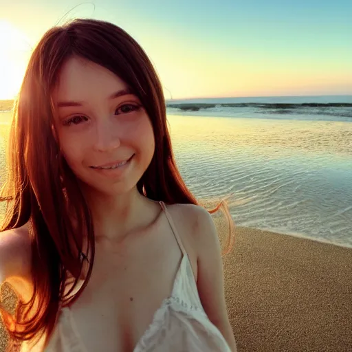 Prompt: Selfie photograph of Cute anime girl, long shiny bronze brown hair, green eyes, cute freckles, soft smile, golden hour, beach setting, medium shot, mid-shot, trending on Artstation,