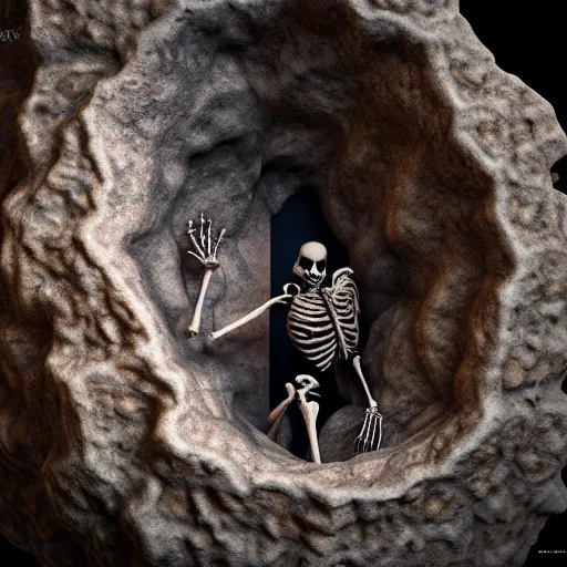 Prompt: a strange weird skeleton in a geode ), ( ultra realistic, ultra 4 k, provided by unreal engine, artstation, archeological discover, realisms, photography )