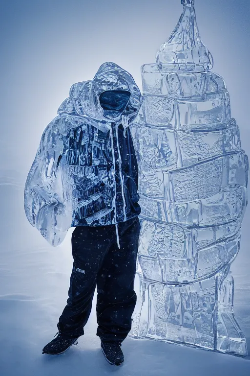 Prompt: transparent ice sculpture of man in sportswear jacket, intricate sculpture, cold, winter, street photo