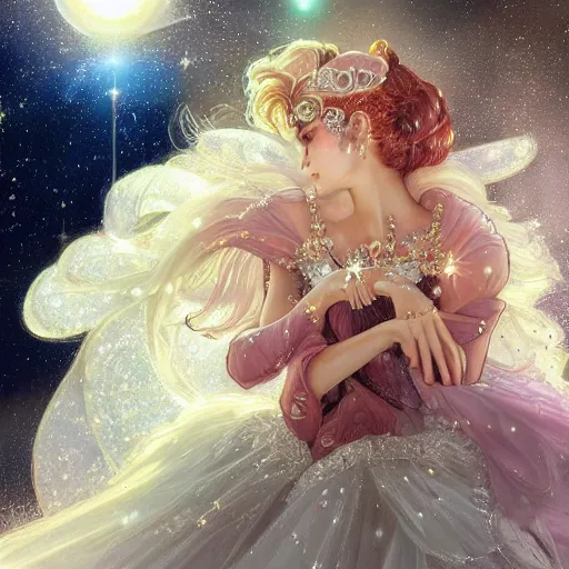 Prompt: a beautiful diamond wedding ring made of platinum glowing in sparkles with heavenly notes neo rococo, pearls and ruby, highly detailed sailor moon aesthetic, fantasy, intricate, elegant, highly detailed, digital painting, artstation, concept art, matte, sharp focus, illustration, artgerm and greg rutkowski and alphonse mucha