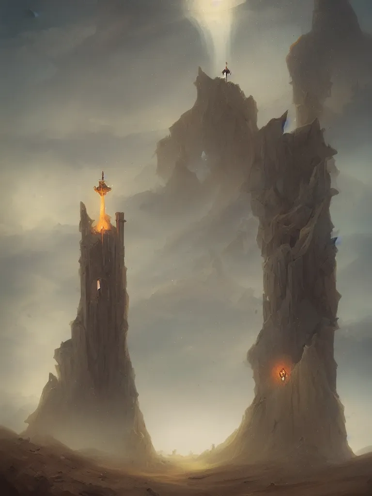 Prompt: tarot card of a tower in a dune sea by Peter Mohrbacher, fantasy, moody lighting, rocky cliffs